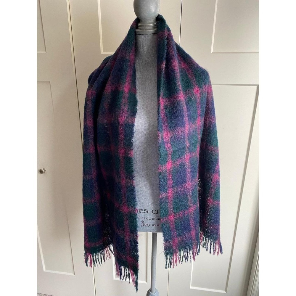 Laura Ashley Mohair Wool Scarf 74" x 18" Plaid Tartan